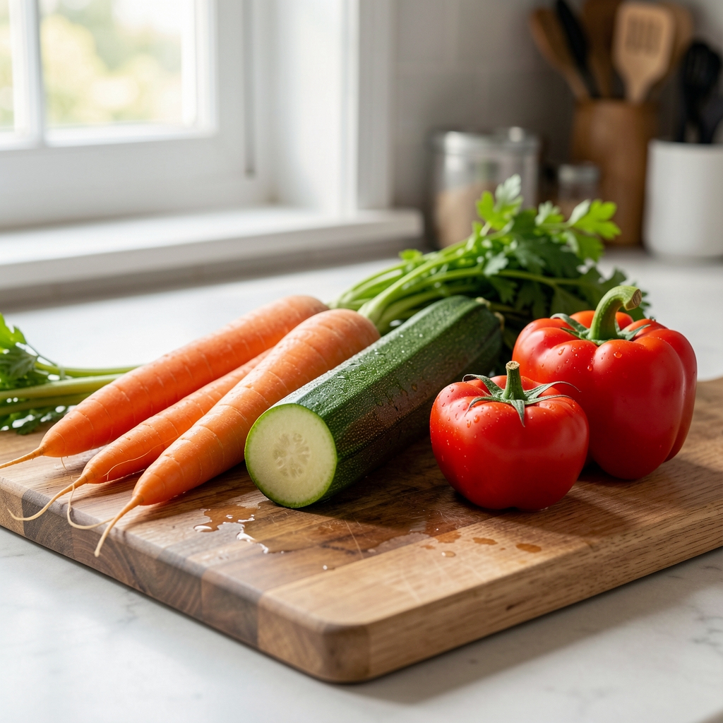 Detailaufnahme von frisch gewaschenem Gemüse auf einem Holzbrett, Karotten, Zucchini und Paprika, Küchenumgebung mit natürlichem Licht