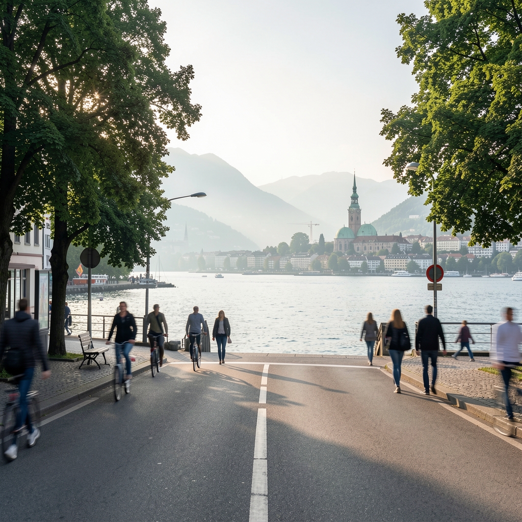 Blick auf den Zürichsee von der Seefeldstrasse aus, ruhiger Morgen, verschwommene Passanten und Bäume