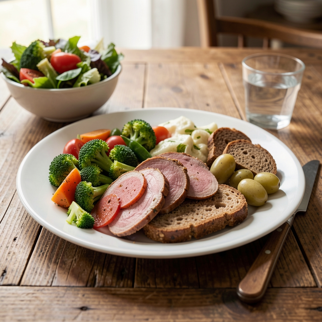 Frisch zubereitete, ausgewogene Mahlzeit mit saisonalem Gemüse und Vollkornprodukten auf einem Holztisch, natürliches Tageslicht
