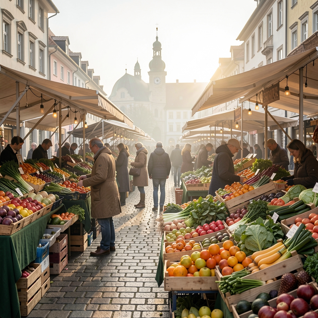 Wochenmarkt in Zürich mit frischem, saisonalem Obst und Gemüse in Holzkisten, lebhafte Marktszene am frühen Morgen