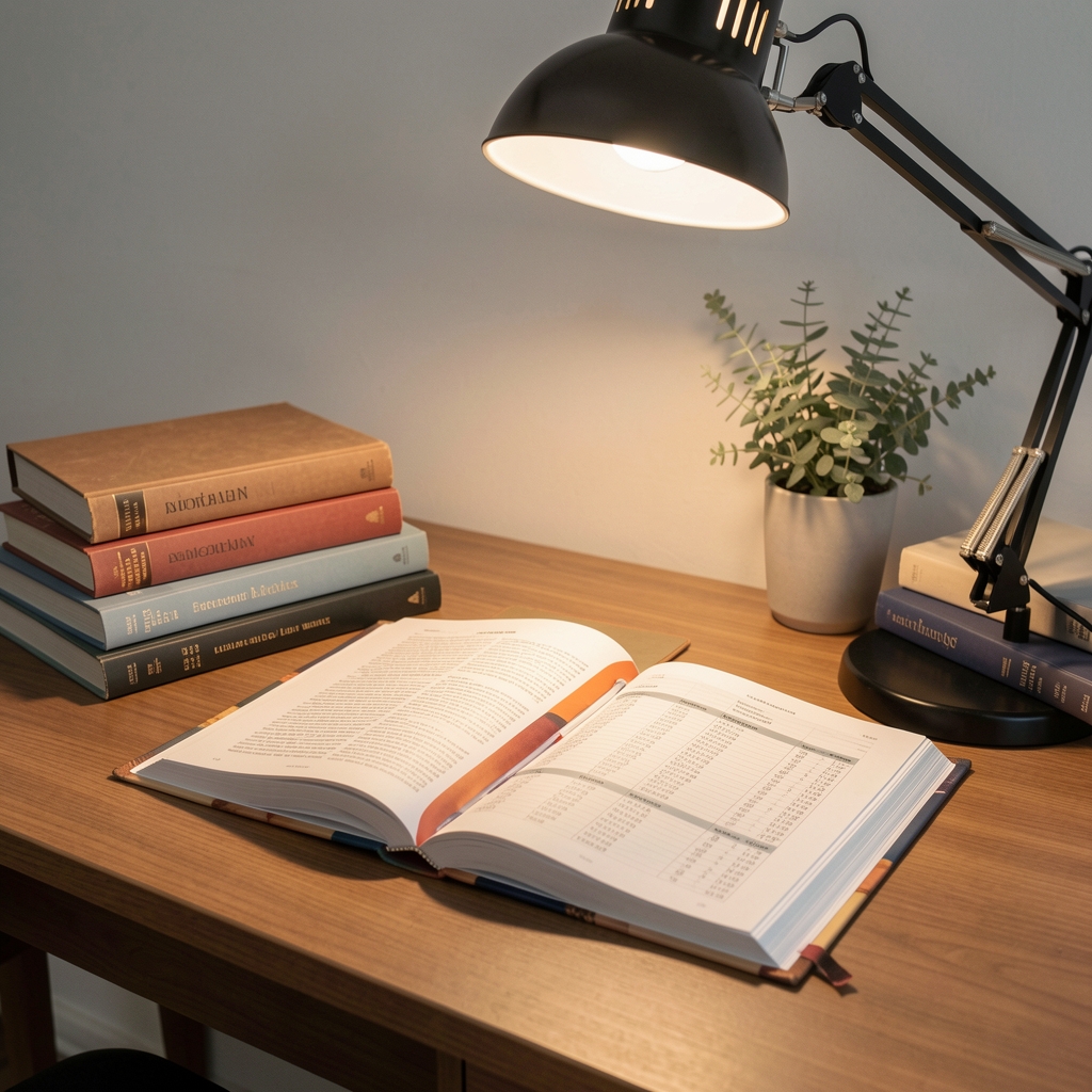 Ernährungsfachliteratur und qualifizierte Quellen auf einem Schreibtisch, offenes Fachbuch mit Ernährungstabellen unter Studioleuchte