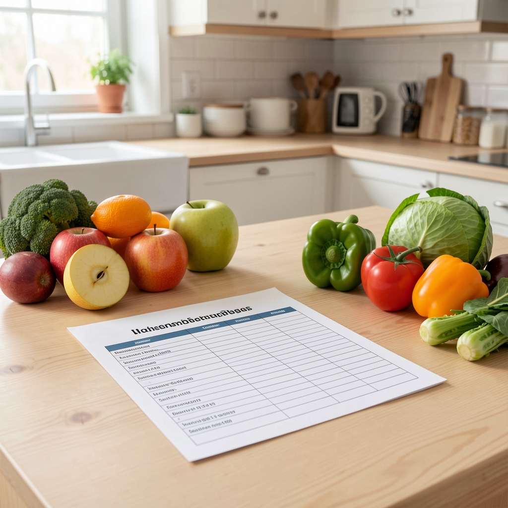 Ausgedruckter Wochenernährungsplan und Einkaufsliste auf hellem Holztisch, daneben frisches Obst und Gemüse, aufgeräumte Küchenumgebung