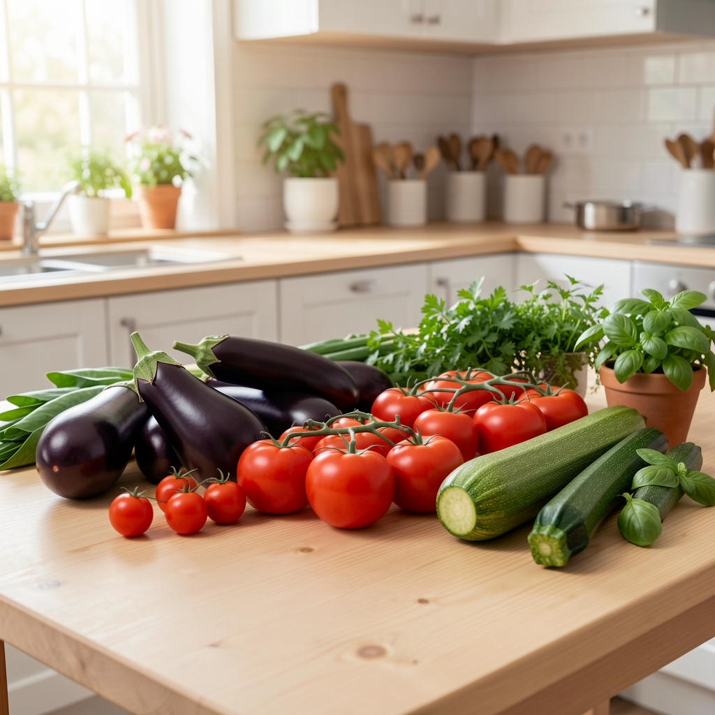 Saisonales Gemüse auf hellem Holztisch, bunt sortiert, Auberginen, Tomaten, Zucchini, Kräuter, Küchenambiente