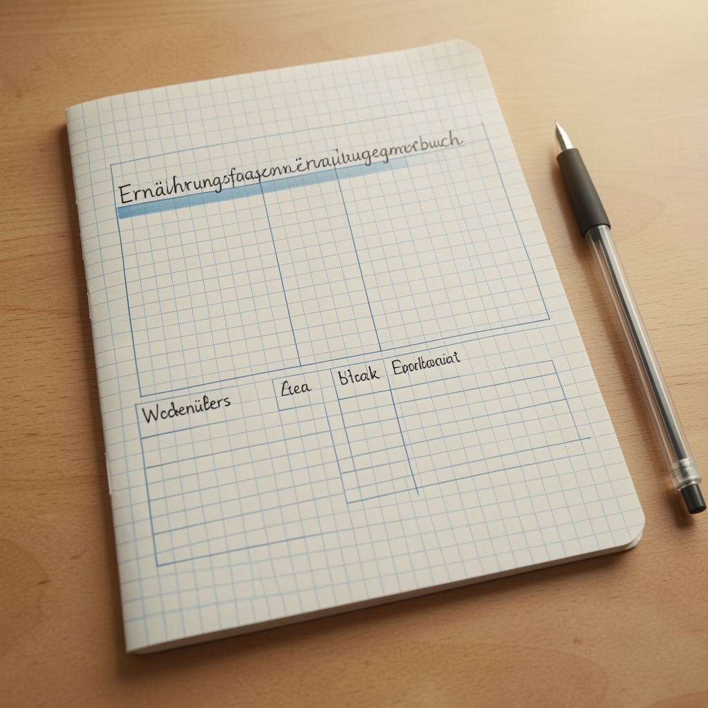 Handgeschriebenes Ernährungstagebuch mit Wochenübersicht auf kariertem Papier, Stift daneben