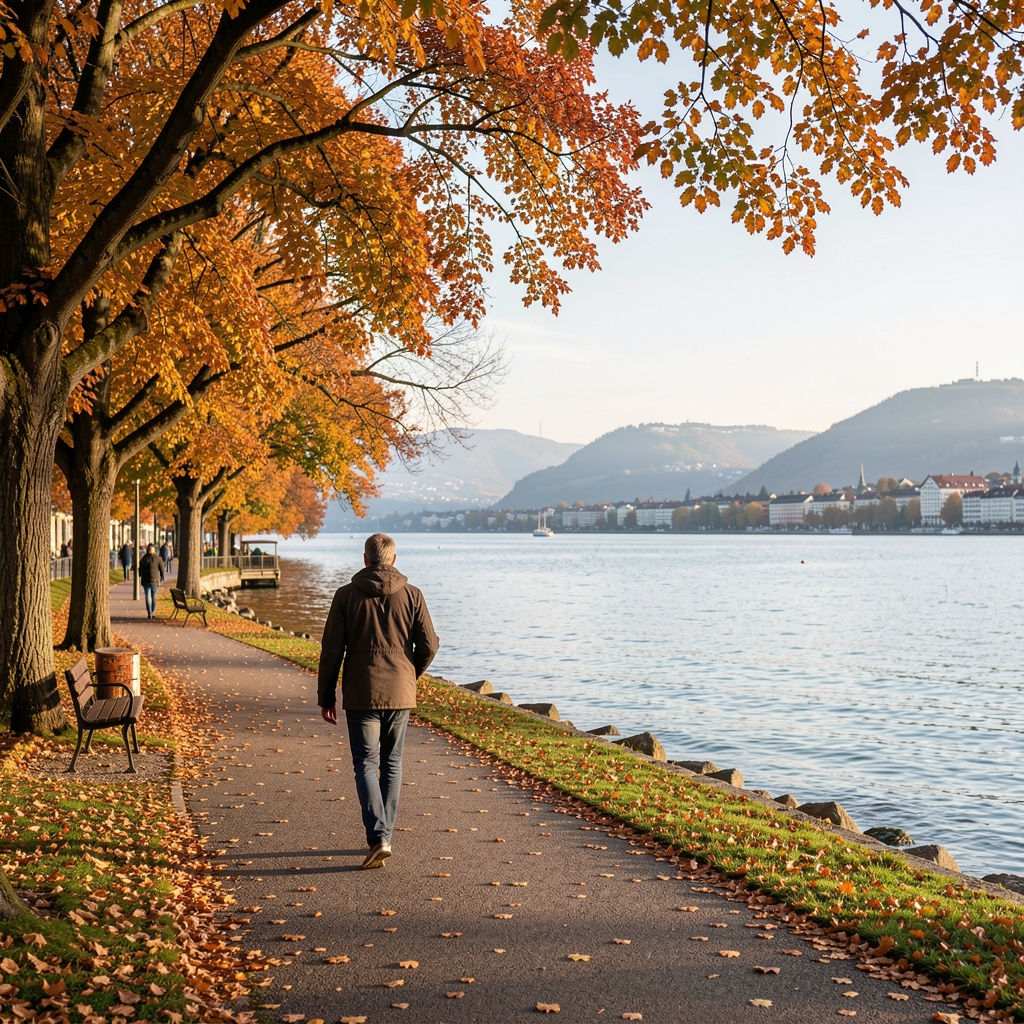 Morgenspaziergänger am Zürichseeufer, Herbst, ruhige Atmosphäre, natürliches Morgenlicht, Bäume mit Herbstlaub